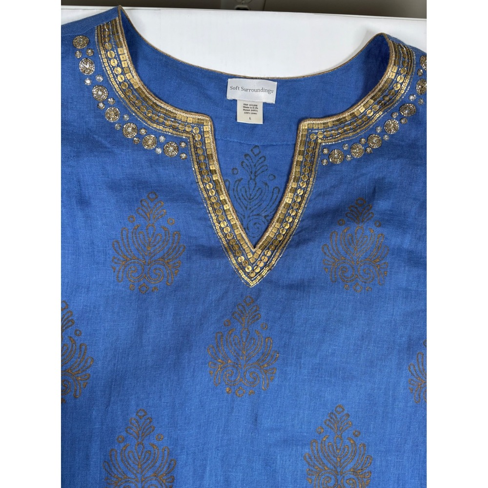 Soft Surroundings Blue Linen Gold Sequin Block Print Shift Dress L Coastal Boho - Picture 6 of 10